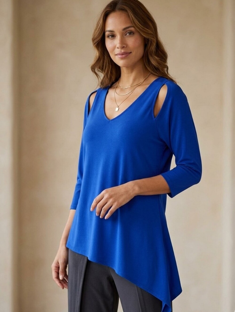 Sympli Royal Blue Asymmetrical Cold-Shoulder Tunic Top Size 6